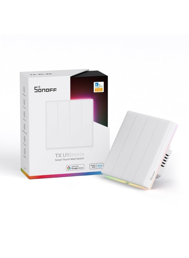 سونوف سويتش حائط ذكي SONOFF TX Ultimate رباعي المفاتيح (4 Gang) بلمس كامل مع إضاءة RGB، يوفر تحكمًا باللمس الكامل، والتحكم عبر الأتمتة، والتحكم الصوتي، والتحكم الذكي ثنائي الاتجاه، مع غطاء قابل للاستبدال، ومتوافق مع Alexa و Google Home، باللون الأبيض. - Image 1